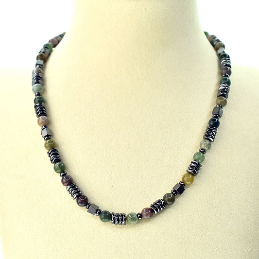 Collana Agata Indiana ed Ematite, Acciaio Inox