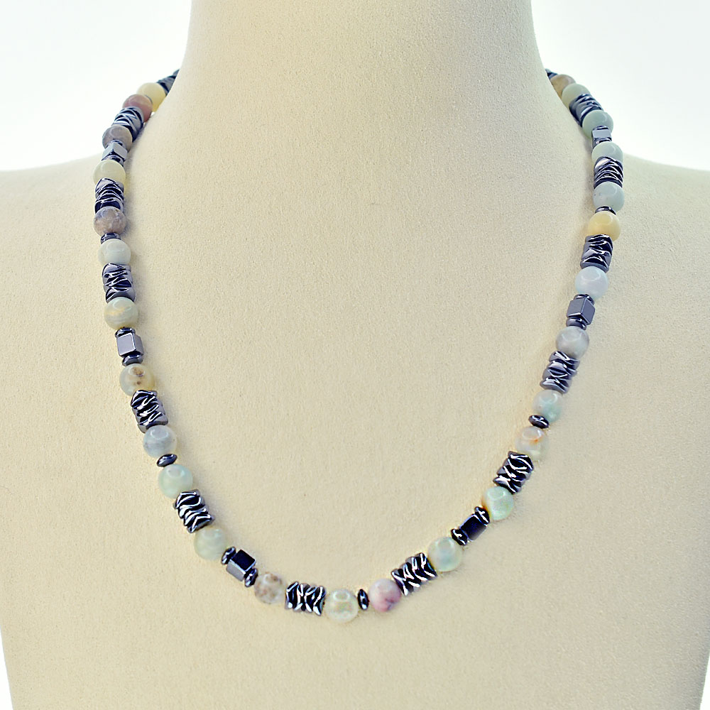 Collana Amazzonite ed Ematite, Acciaio Inox