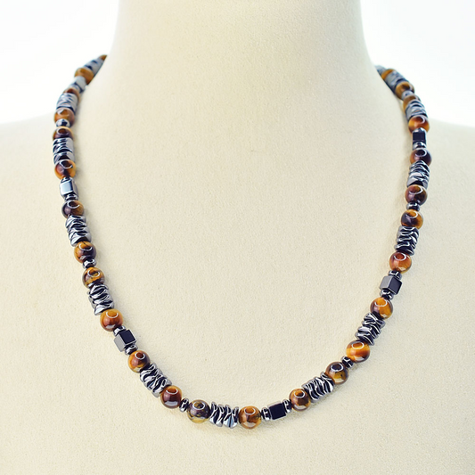 Collana Occhio di Tigre ed Ematite, Acciaio Inox