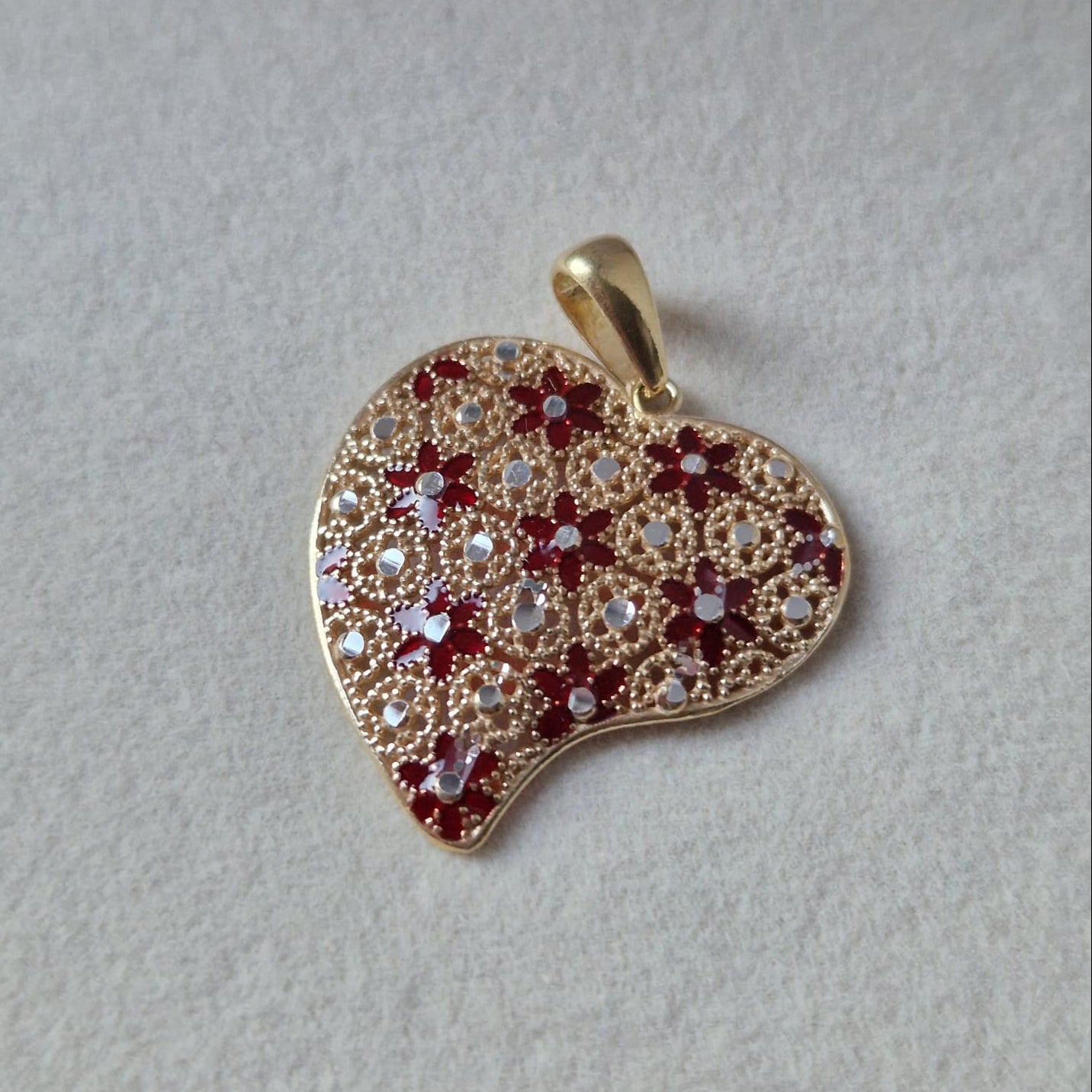 Ciondolo Cuore Piatto, in Filigrana, Argento 925 e Bagno in Oro