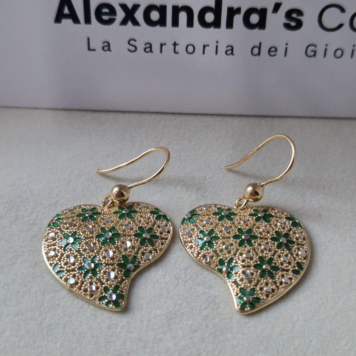 Orecchini Cuore Piatto, in Filigrana, Argento 925 e Bagno in Oro