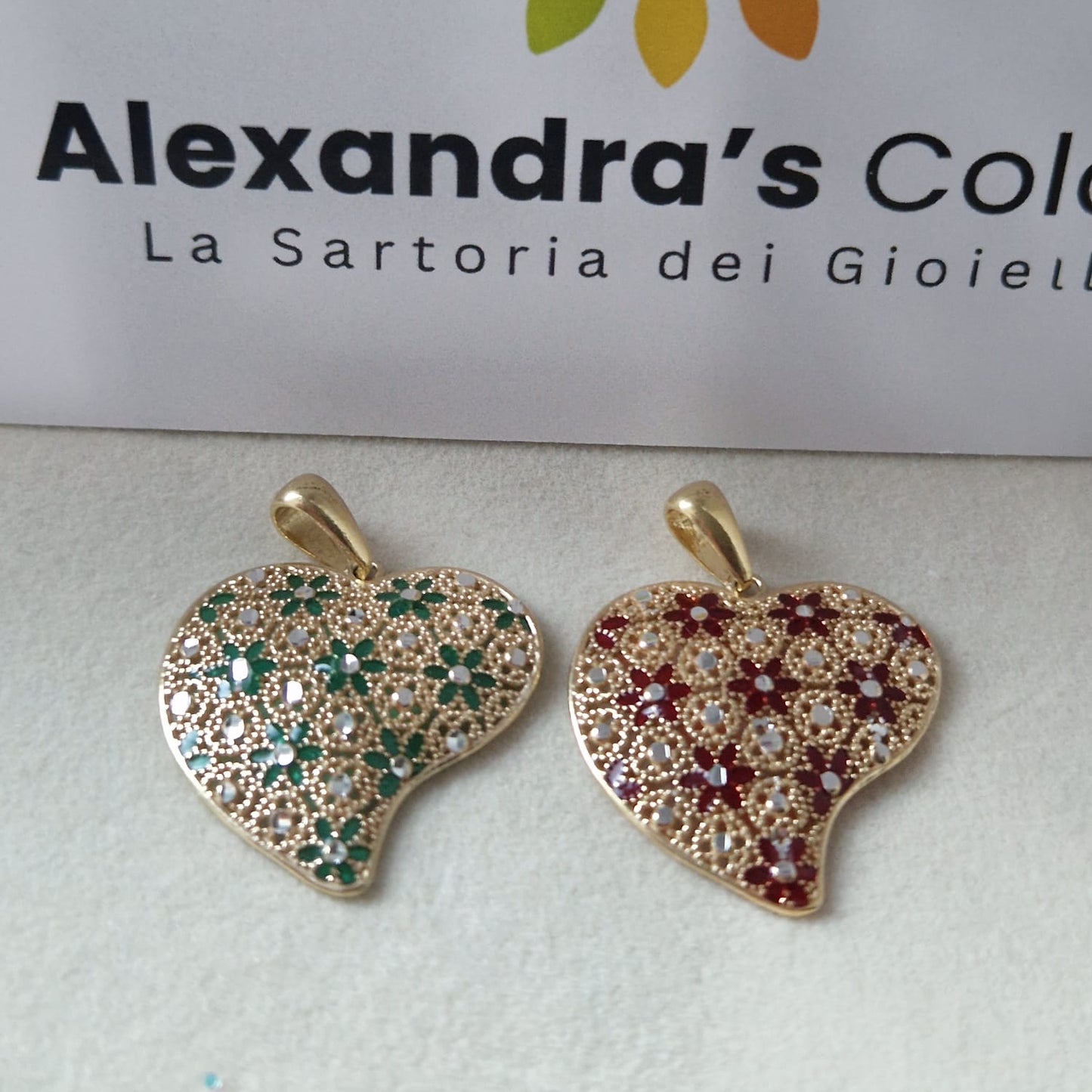 Ciondolo Cuore Piatto, in Filigrana, Argento 925 e Bagno in Oro