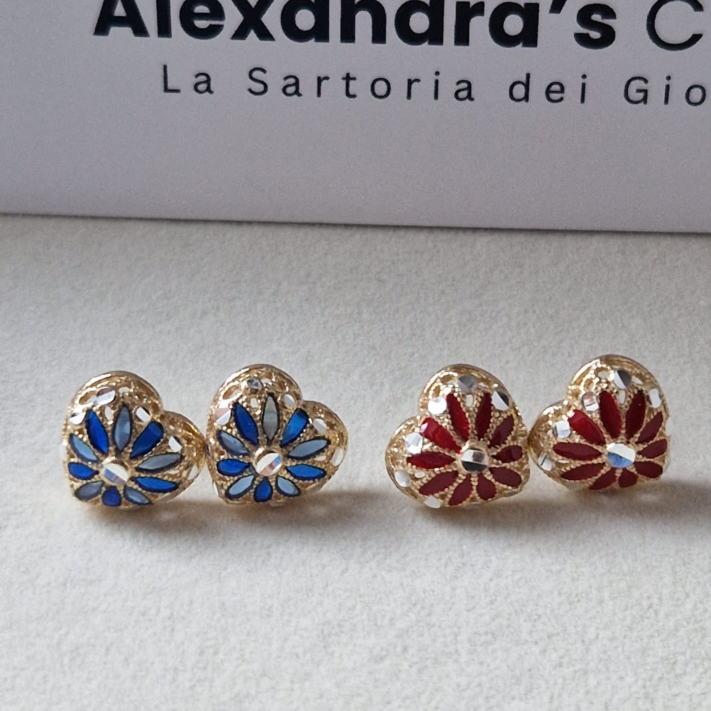 Orecchini Cuore con Fiore, in Filigrana, Argento 925 e Bagno in Oro