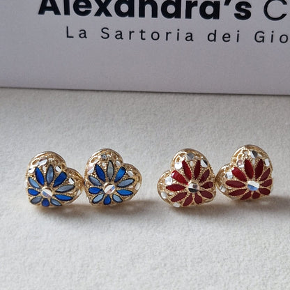 Orecchini Cuore con Fiore, in Filigrana, Argento 925 e Bagno in Oro