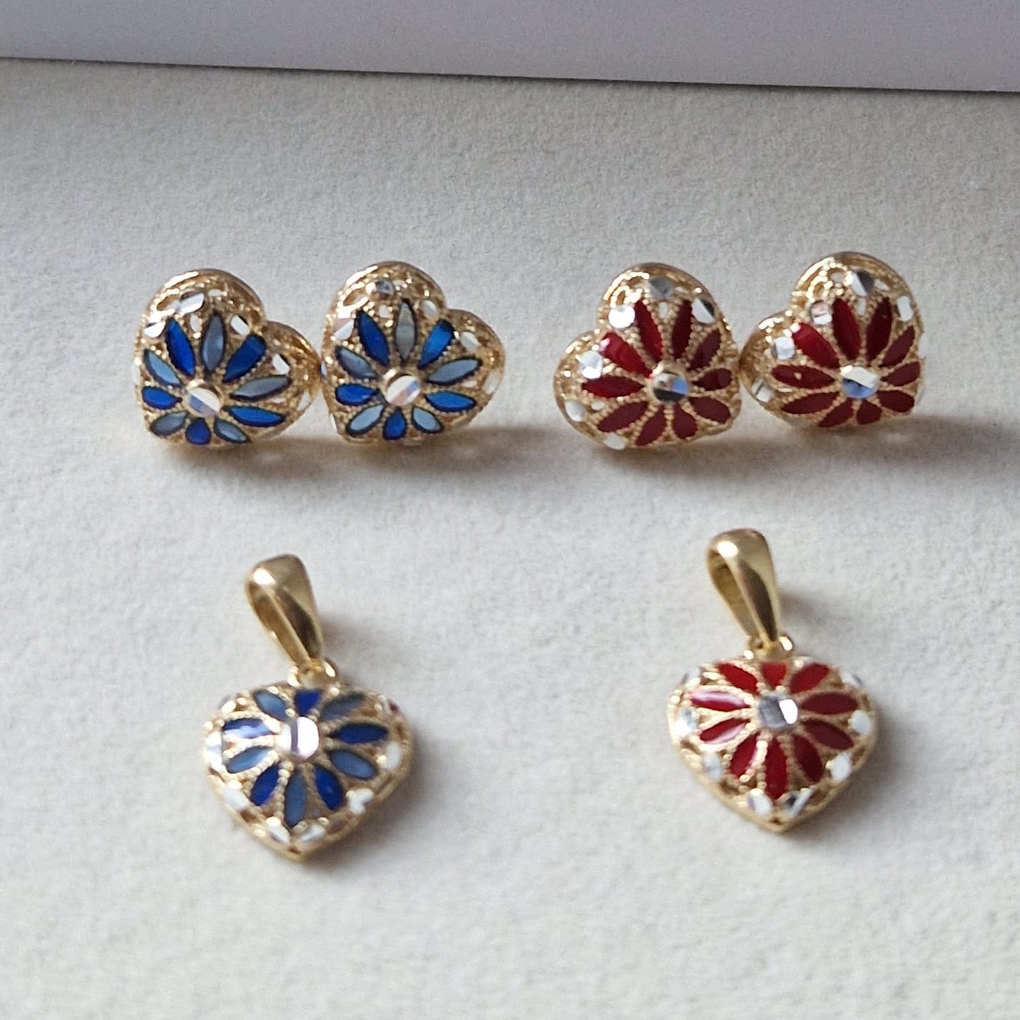 Orecchini Cuore con Fiore, in Filigrana, Argento 925 e Bagno in Oro