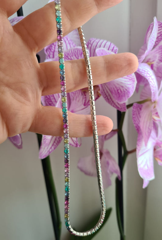 Collana Tennis Rainbow Paraiba, 3mm, Argento 925 e Zirconi