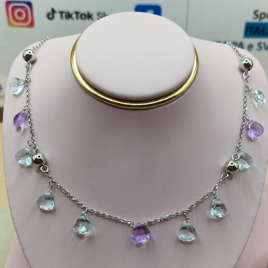 Collana Gocce Lilla e Acquamarina, Argento s925