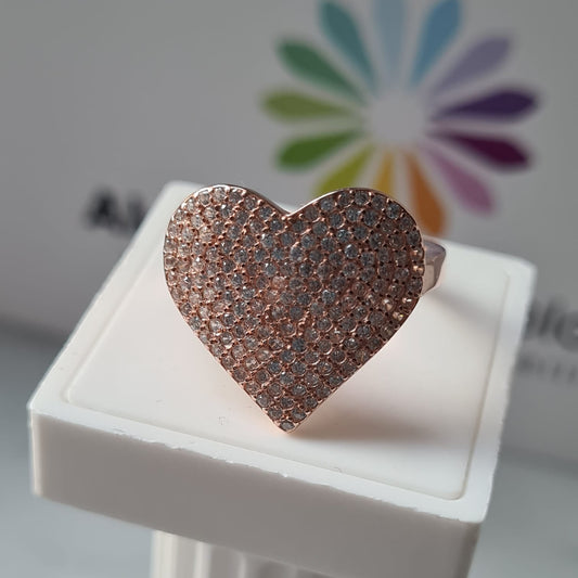 Anello Cuore Grande con Zirconi, in Argento 925