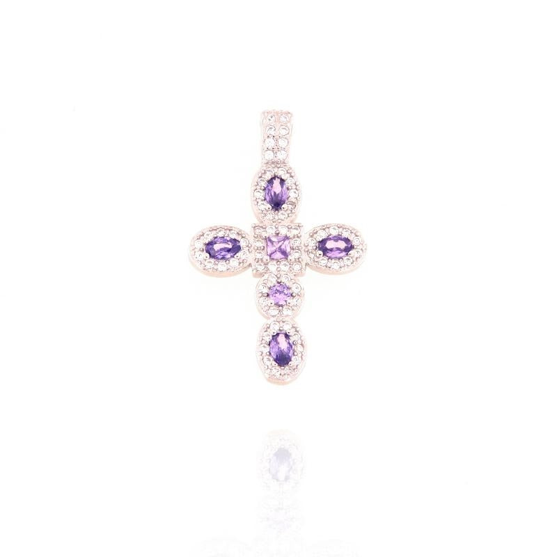 Round Zircon Cross Pendant, many Colors, Sterling Silver s925