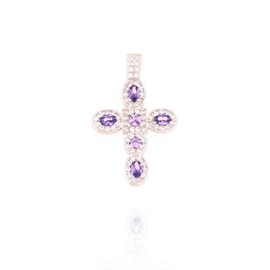 Ciondolo Croce con Zirconi Ovali Viola, Argento s925
