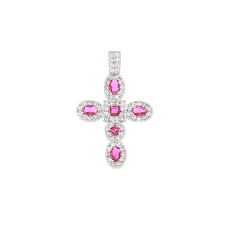 Round Zircon Cross Pendant, many Colors, Sterling Silver s925