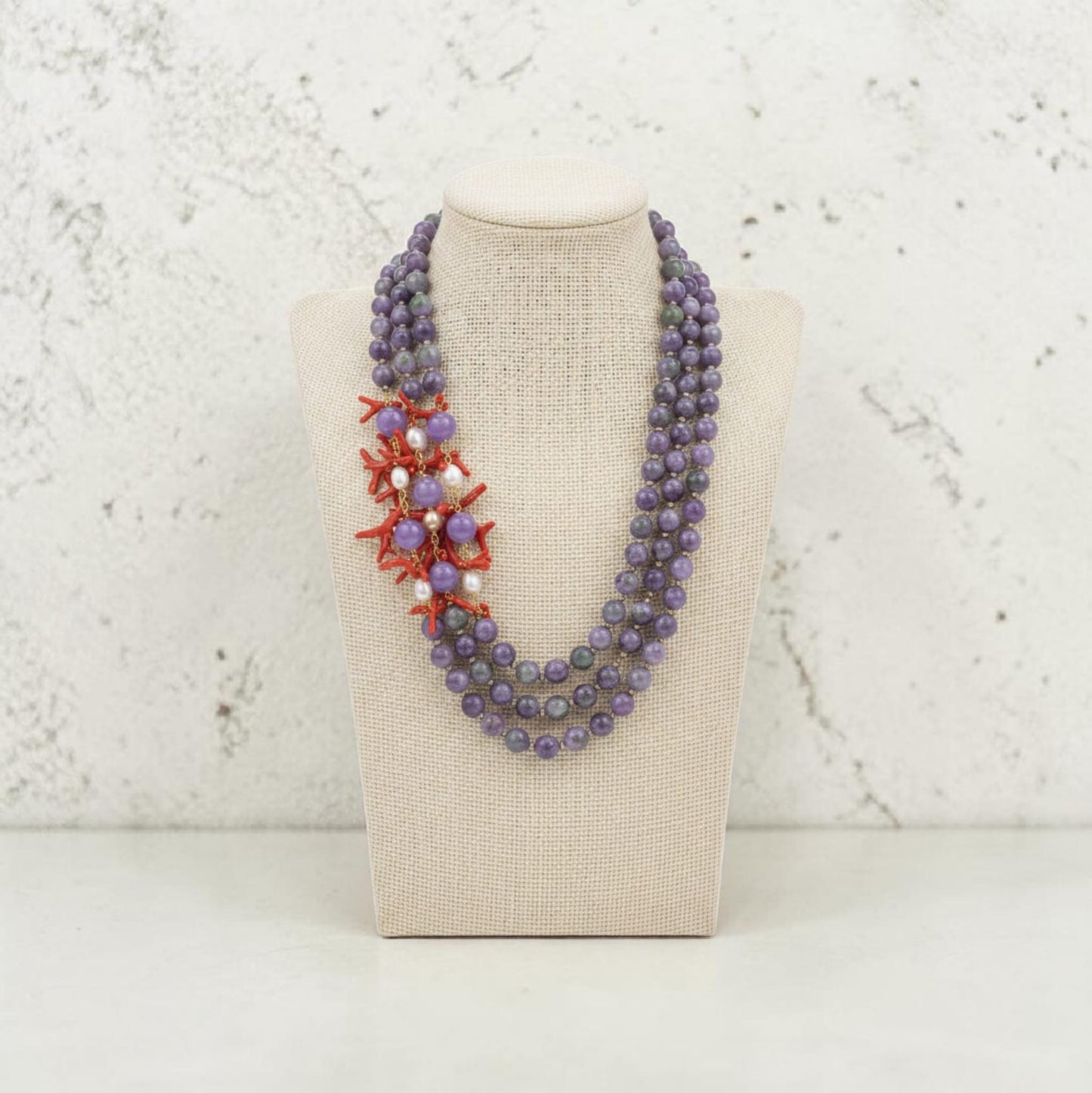 Collana Maxi con Pietre di Fuorite, Ametista, Perle e Corallo rosso