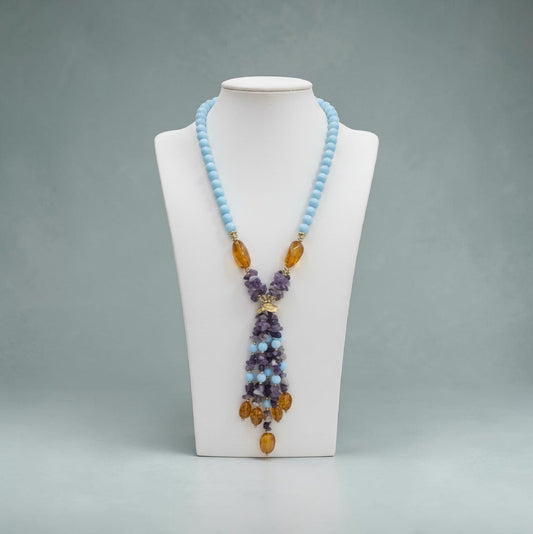Collana Lunga ad Y con Ametista, Pasta di Turchese e Ambra