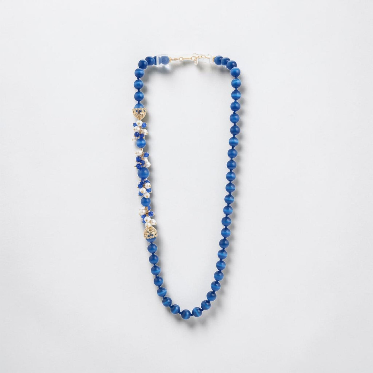 Collana Lunga con Perle Blu reale e grappoli con perle