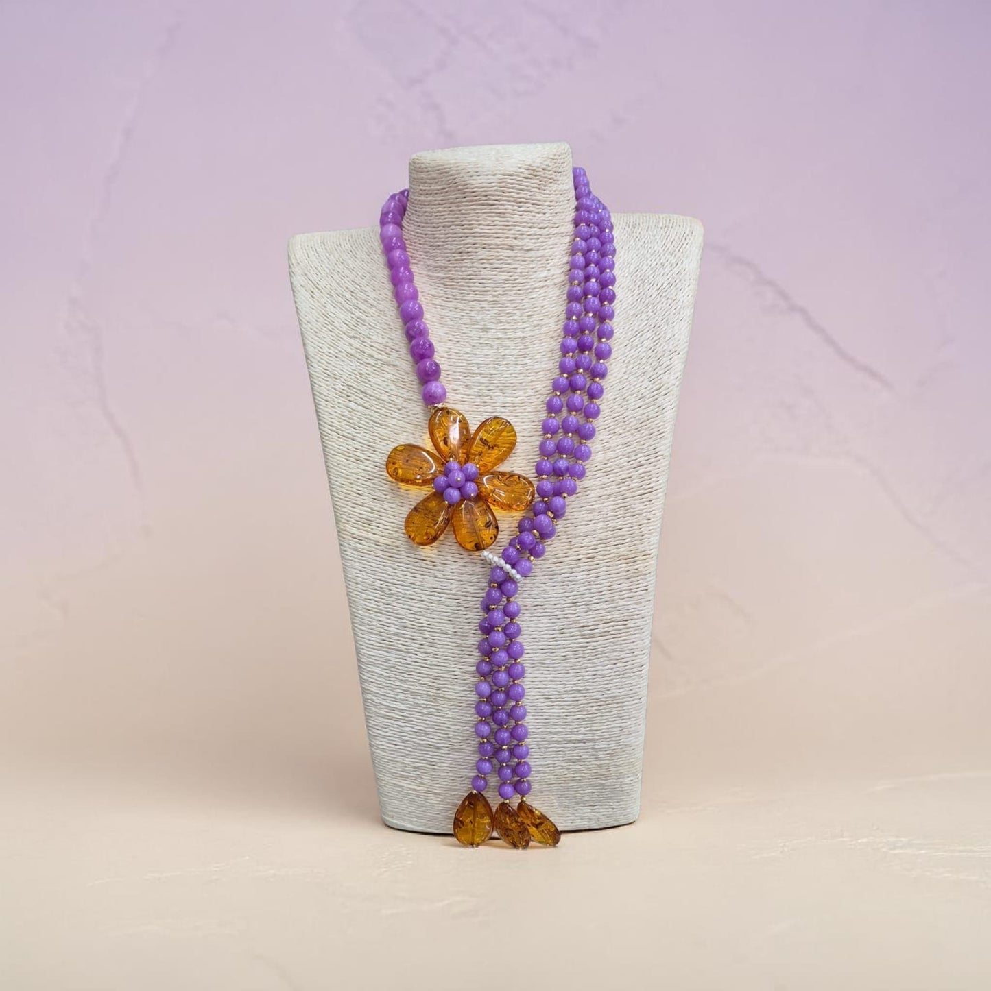 Collana Lunga ad Y con Fiore di Pietra di Ambra