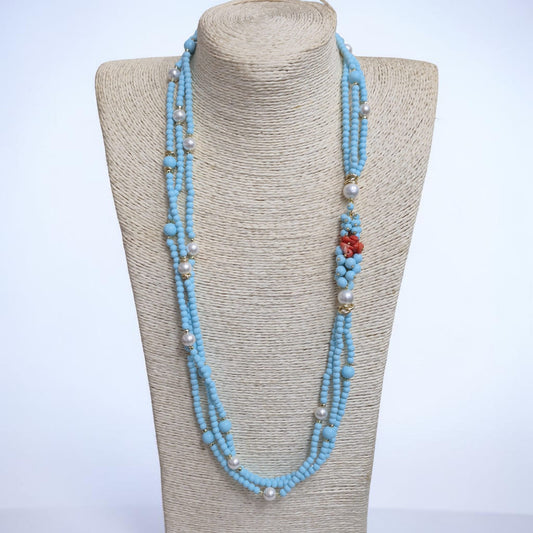 Collana Lunga con Pietre Pasta di Turchese e Grappolo con Corallo