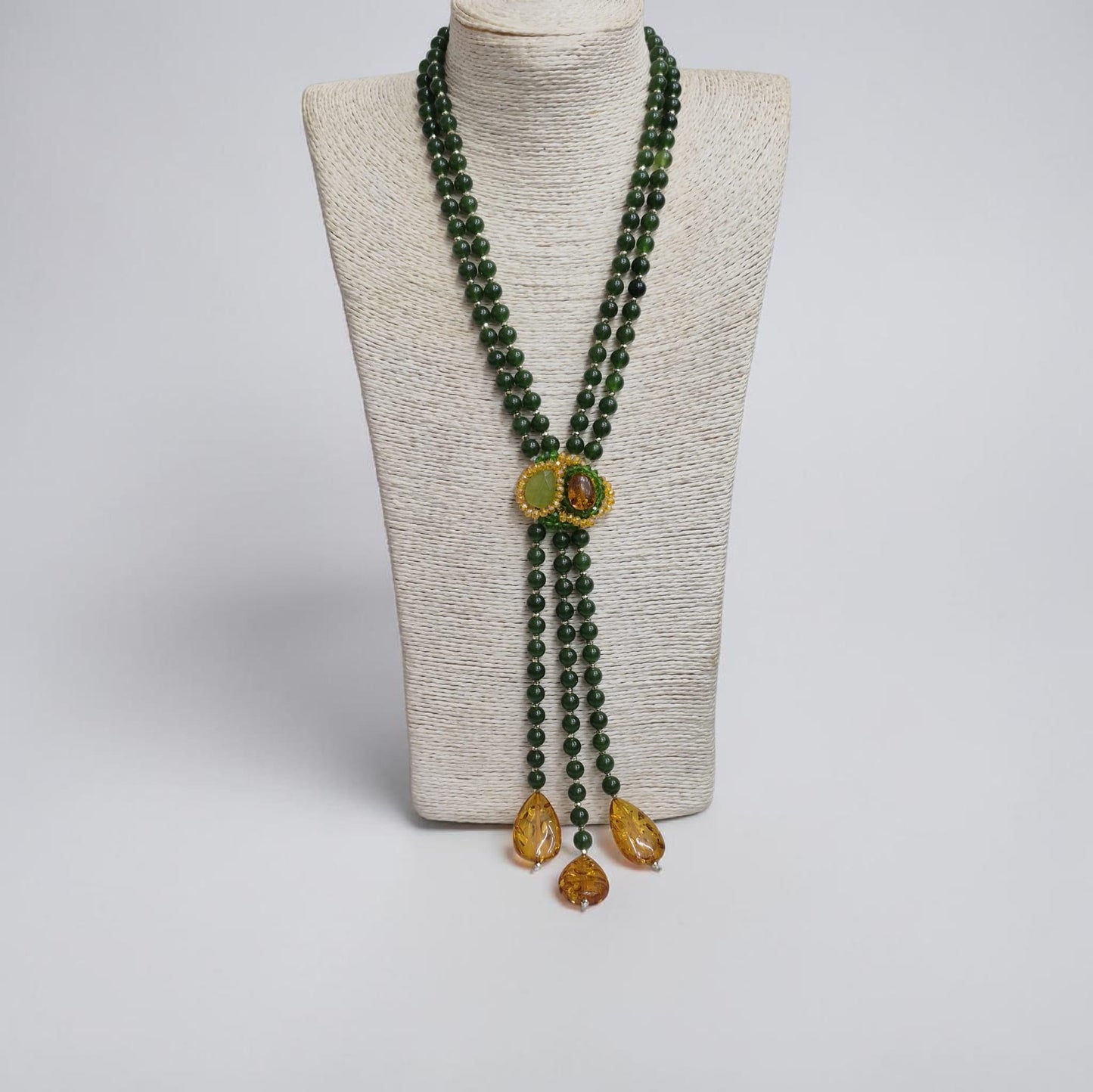 Collana Lunga doppia ad Y con Quarzo Verde Scuro ed Ambra