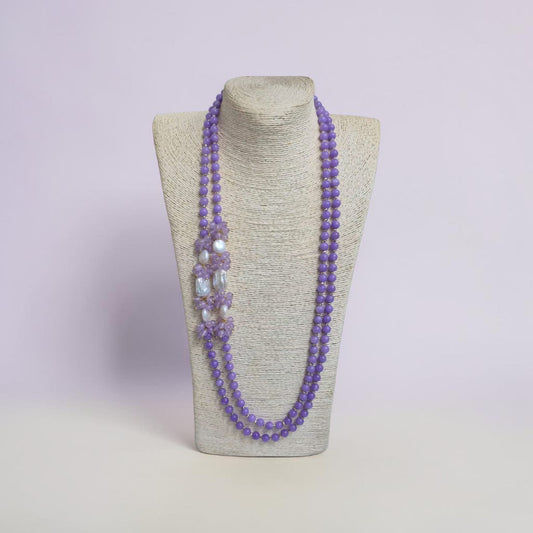 Collana Doppio Filo con Pietre di Ametista e Grappolo con Perla Barocca