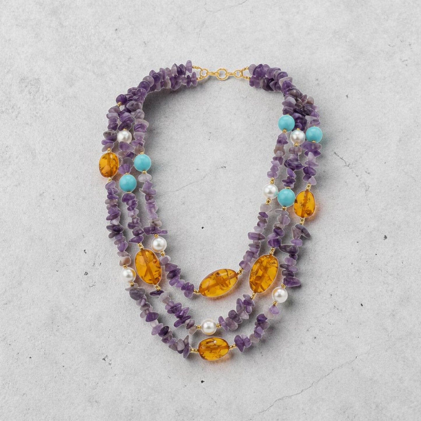 Collana Maxi con Pietre di Ametista, Ambra e Pasta di Turchese