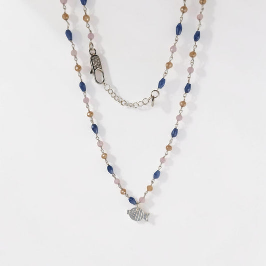 Collana con Pesciolino in Lastra, lilla/bluette/giallo ocra, Argento s925