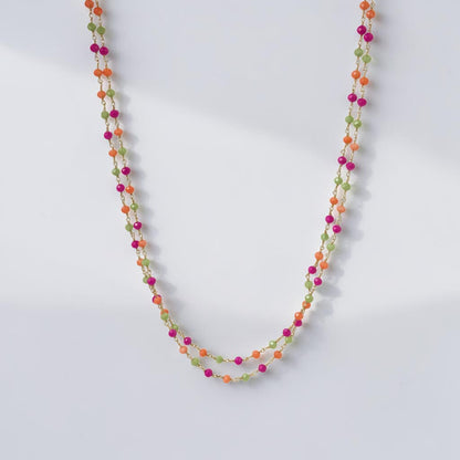 Collana Lunga Stile Rosario Verde /Arancio/Fucsia, in Argento s925