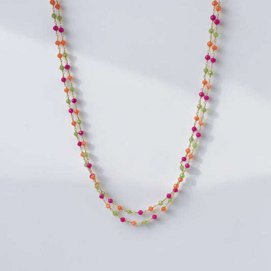 Collana Lunga Stile Rosario Verde /Arancio/Fucsia, in Argento s925