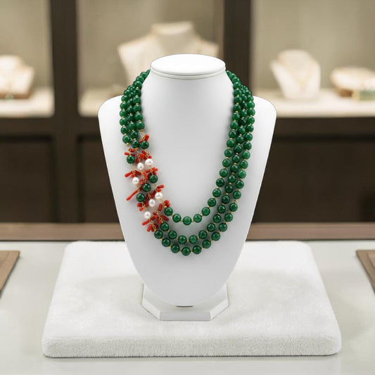 Collana Maxi con Pietre di Quarzo Verde, Perle e Corallo rosso