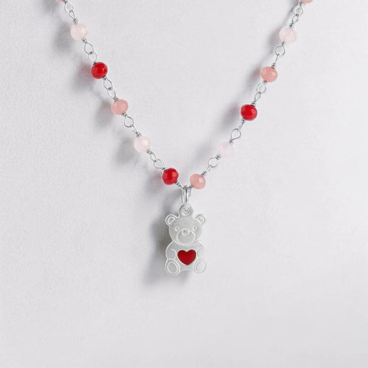 Collana con Orsetto in Lastra, rosso/rosa/bianco, Argento s925