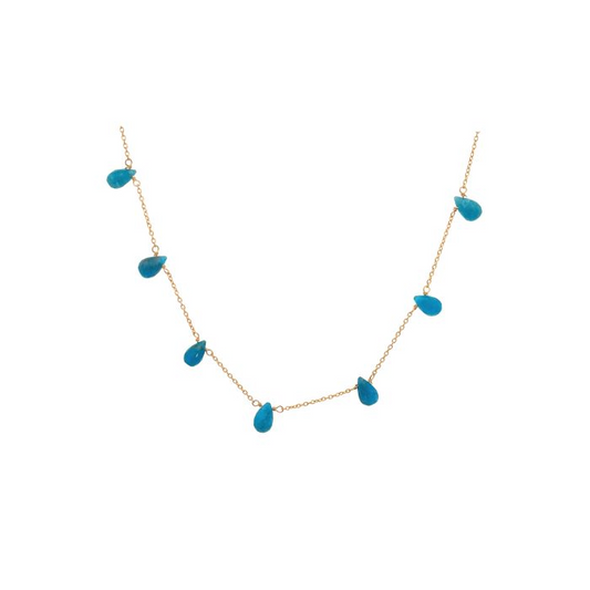 Collana in oro con sette pietre pendenti a forma di lacrima di apatite turchese.