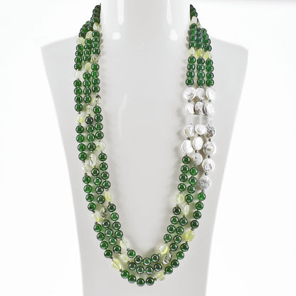 Collana 3 fili in Pietre Quarzo Verde e Perle barocche
