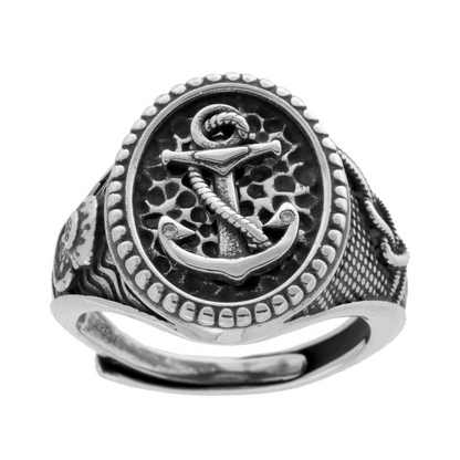 Anello Chevalier Ovale con Ancora e decorazione marinara laterale, in ARGENTO 925