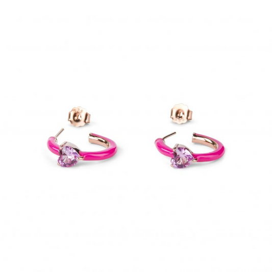 Orecchini Cerchio con Cuore Fucsia, in Argento 925