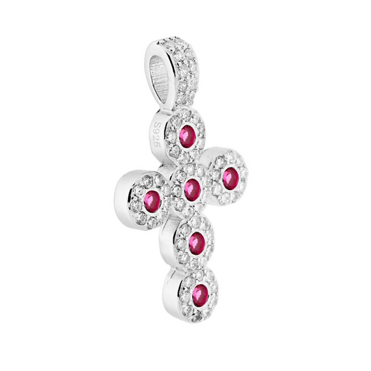Ciondolo a forma di croce in argento S925, con rubini rossi e zirconi bianchi incastonati.