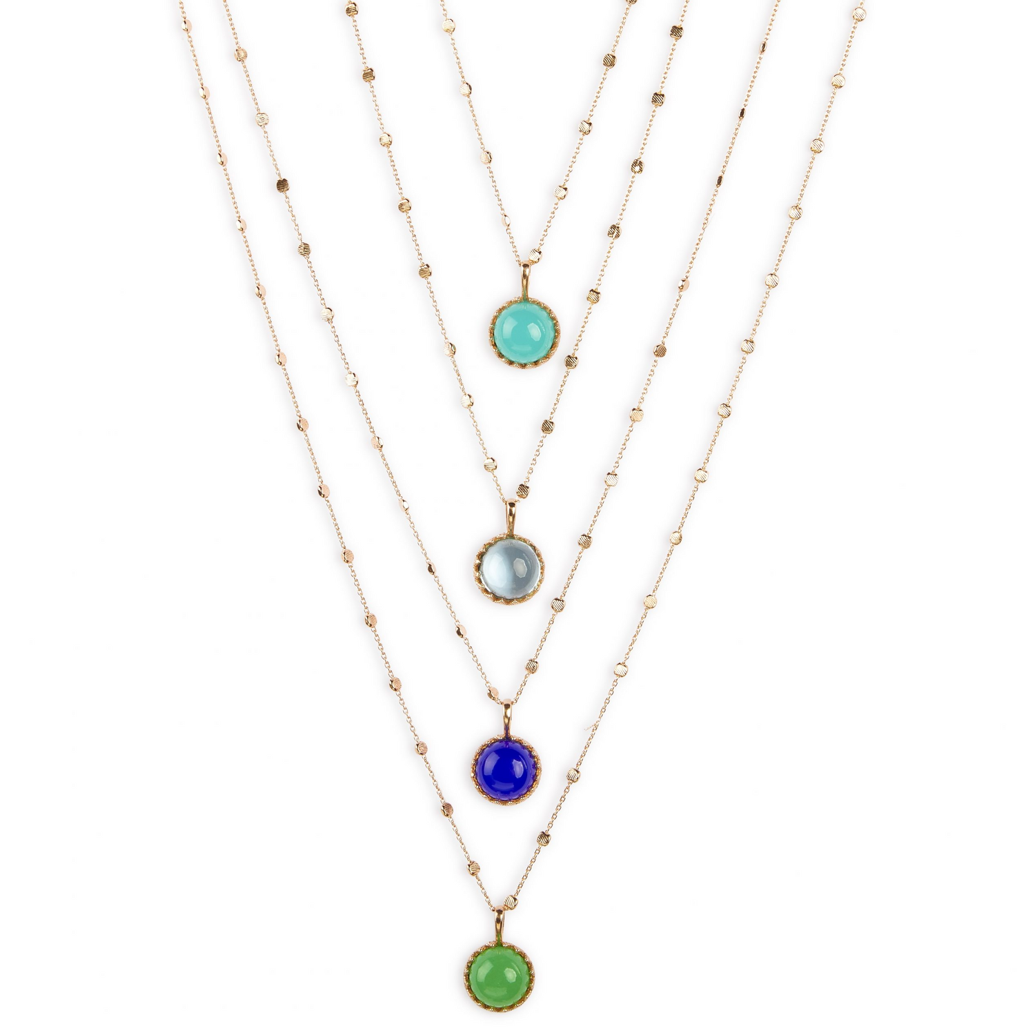 Collana d'oro con quattro pendenti a cerchio e pietre preziose in azzurro, grigio, blu e verde.