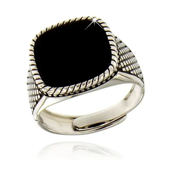 925 Silver Chevalier Ring with Black Square Stone - Elegant and Adjustable Jewel