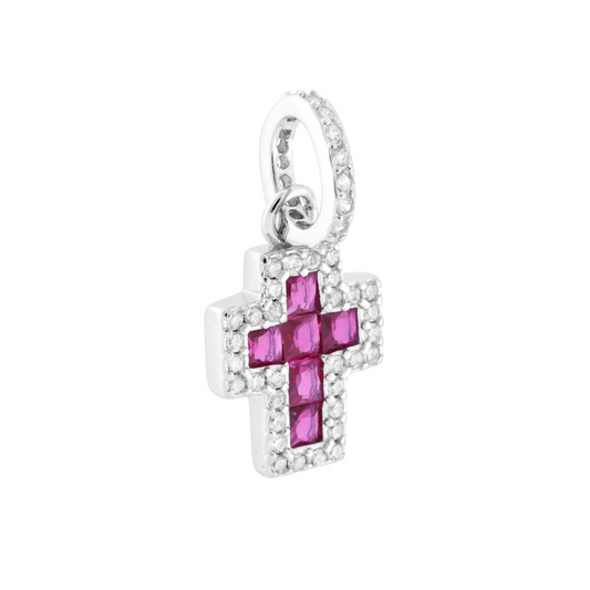 Ciondolo Croce Fucsia e Bianca –  in Argento 925