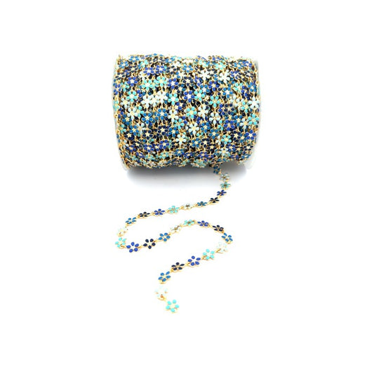 Collana Lunga Stile Rosario FIORI SMALTATI BLU, AZZURRO, CELESTE, Acciaio ed Ottone