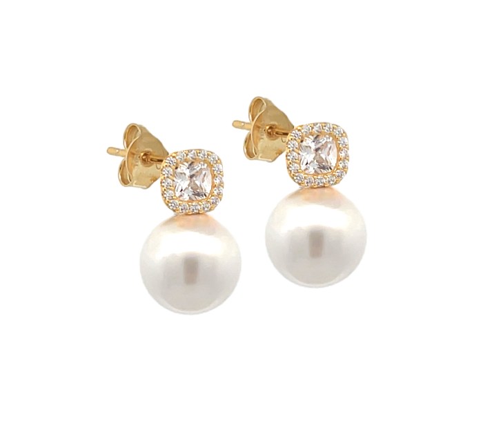 Orecchini Con Quadrato Brillante e Perla, Argento S925