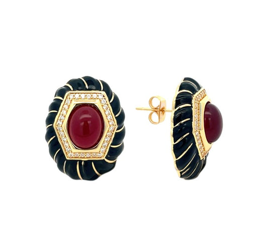 Orecchini Modello CLEO, con smalto nero e centrale Rosso scuro, in ACCIAIO inox