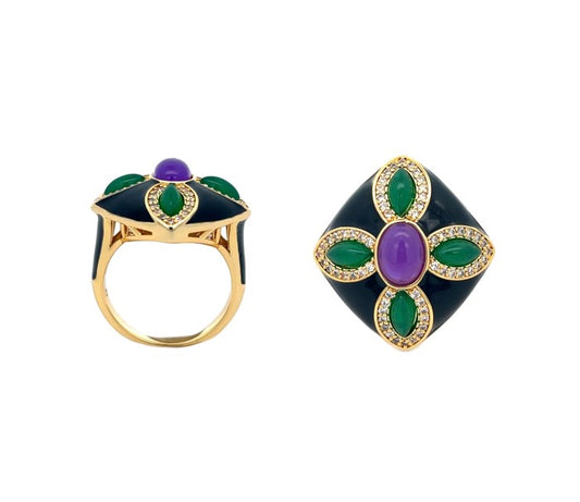 Anello ARISA nero, con pietre verdi e viola