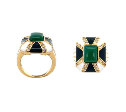 Anello ESAGONO nero e bianco, con Pietra in onice VERDE