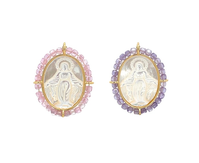 Ciondolo con Madonna in Madreperla e zirconi rosa / viola, in Acciaio inox