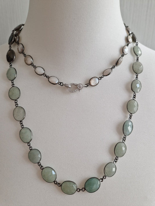 Long Necklace with Green and White Hard Stones