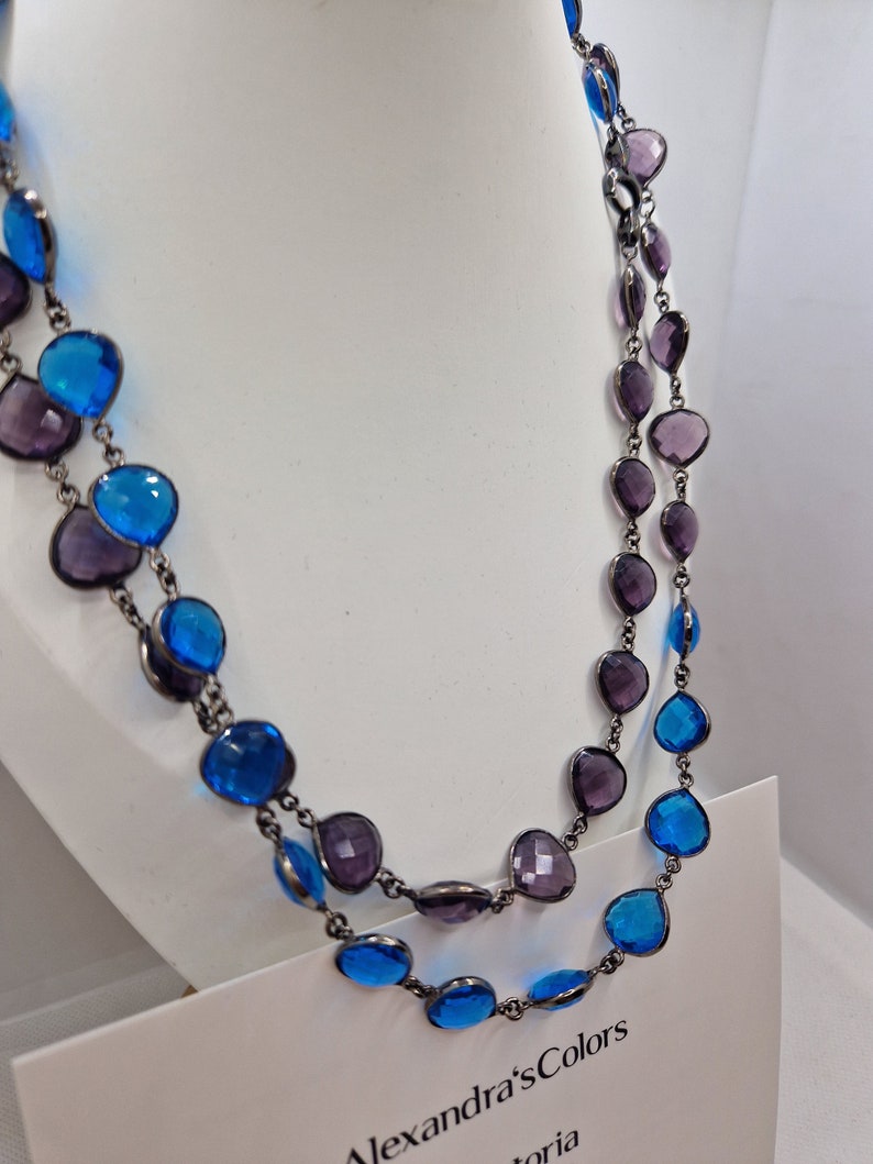 Collana Lunga in Argento Nero con Cristalli Blu e Viola