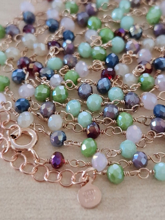 Green, Burgundy, Blue and White Rosary Necklace