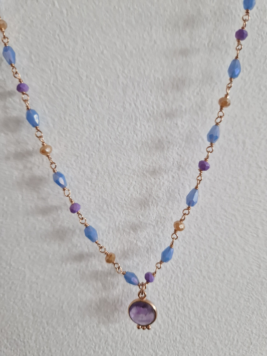 Collana Lunga Multicolor Viola/Azzurro, in Argento 925