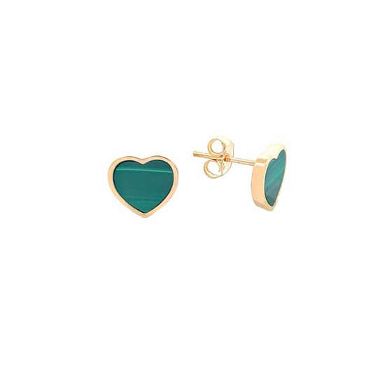 Orecchini Cuore Punto Luce in Malachite, Argento S925 e Oro Giallo