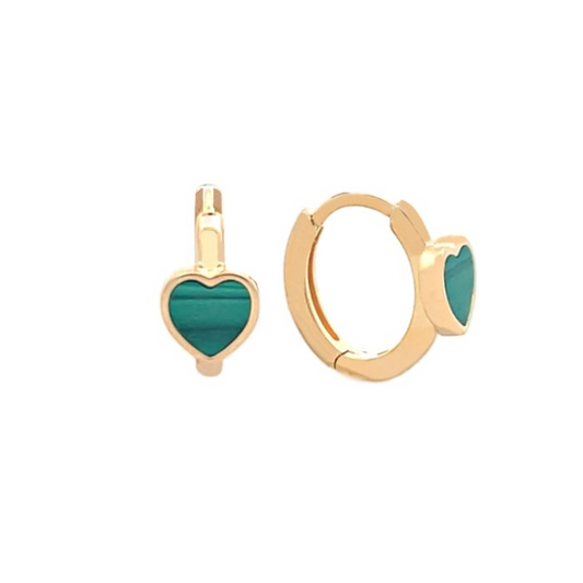 Orecchini Cuore in Malachite, Argento S925 e Oro Giallo