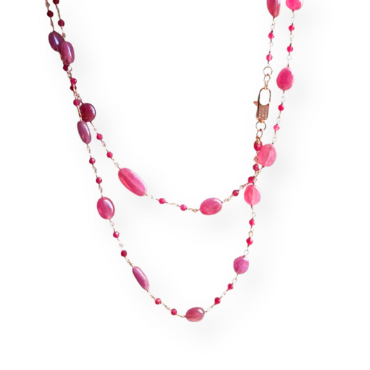 Collana Lunga in Argento Rosa e Rubini