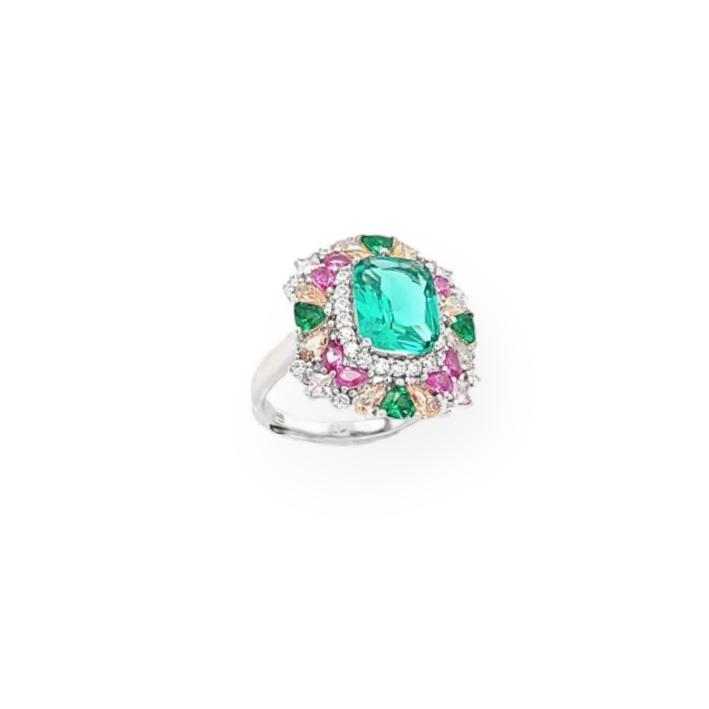 Anello con Fiore e rettangolo Centrale - Elegante e Luminoso in Argento 925